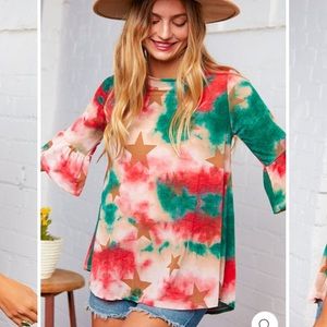 Star Print Top In Red Green Tie Dye Gold Stars size L